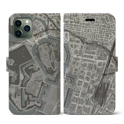【大手町（東京都）】地図柄iPhoneケース（手帳タイプ）モノトーン・iPhone 11 Pro 用