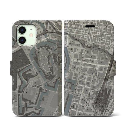 【大手町（東京都）】地図柄iPhoneケース（手帳タイプ）モノトーン・iPhone 12 mini 用