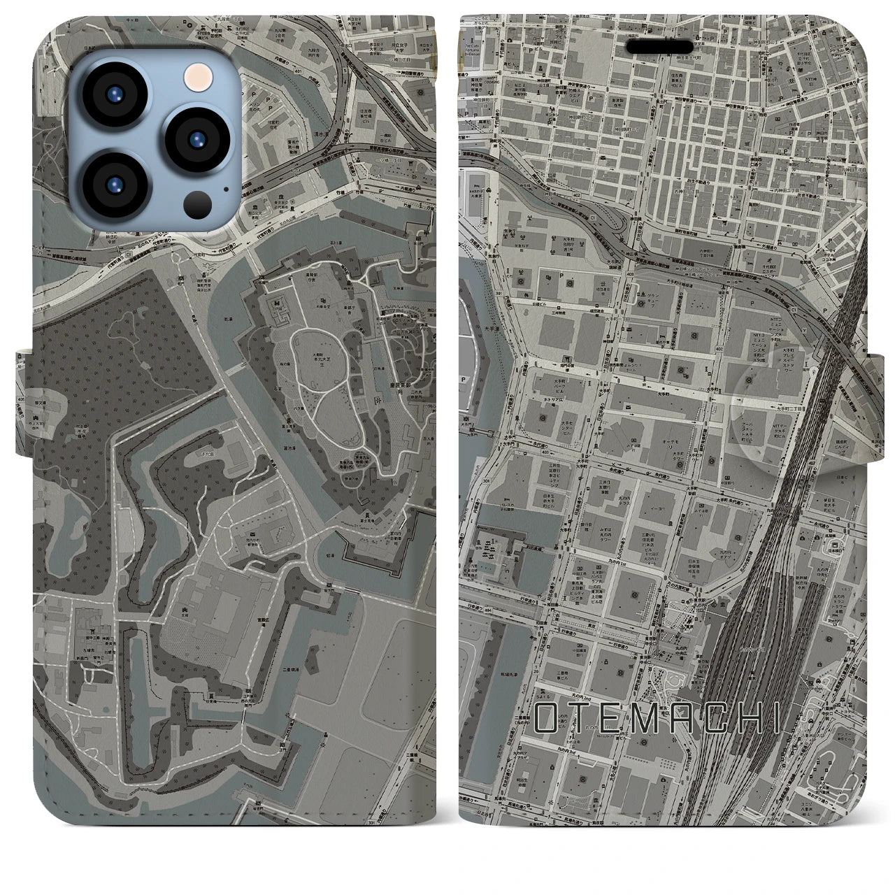 【大手町】地図柄iPhoneケース（手帳両面タイプ・モノトーン）iPhone 13 Pro Max 用