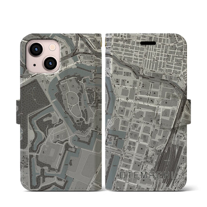 【大手町（東京都）】地図柄iPhoneケース（手帳タイプ）モノトーン・iPhone 13 mini 用
