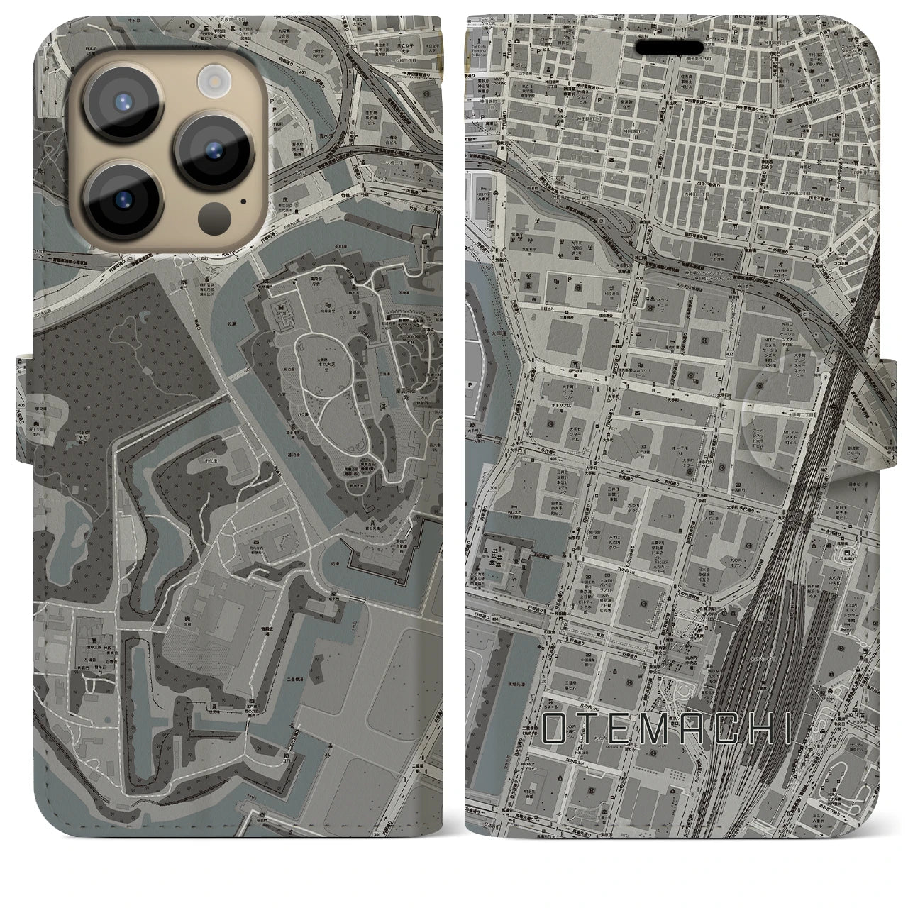 【大手町】地図柄iPhoneケース（手帳両面タイプ・モノトーン）iPhone 14 Pro Max 用