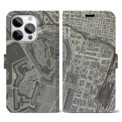 【大手町（東京都）】地図柄iPhoneケース（手帳タイプ）モノトーン・iPhone 14 Pro 用