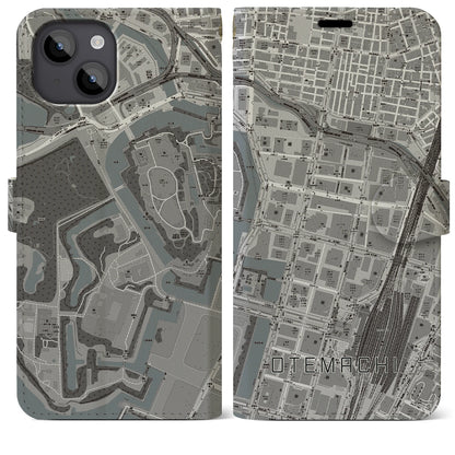 【大手町（東京都）】地図柄iPhoneケース（手帳タイプ）モノトーン・iPhone 14 Plus 用