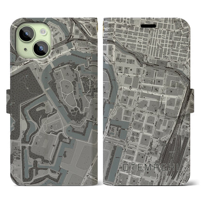 【大手町（東京都）】地図柄iPhoneケース（手帳タイプ）モノトーン・iPhone 15 用