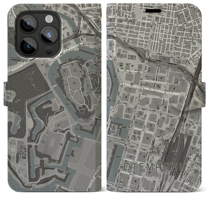 【大手町（東京都）】地図柄iPhoneケース（手帳タイプ）モノトーン・iPhone 15 Pro Max 用