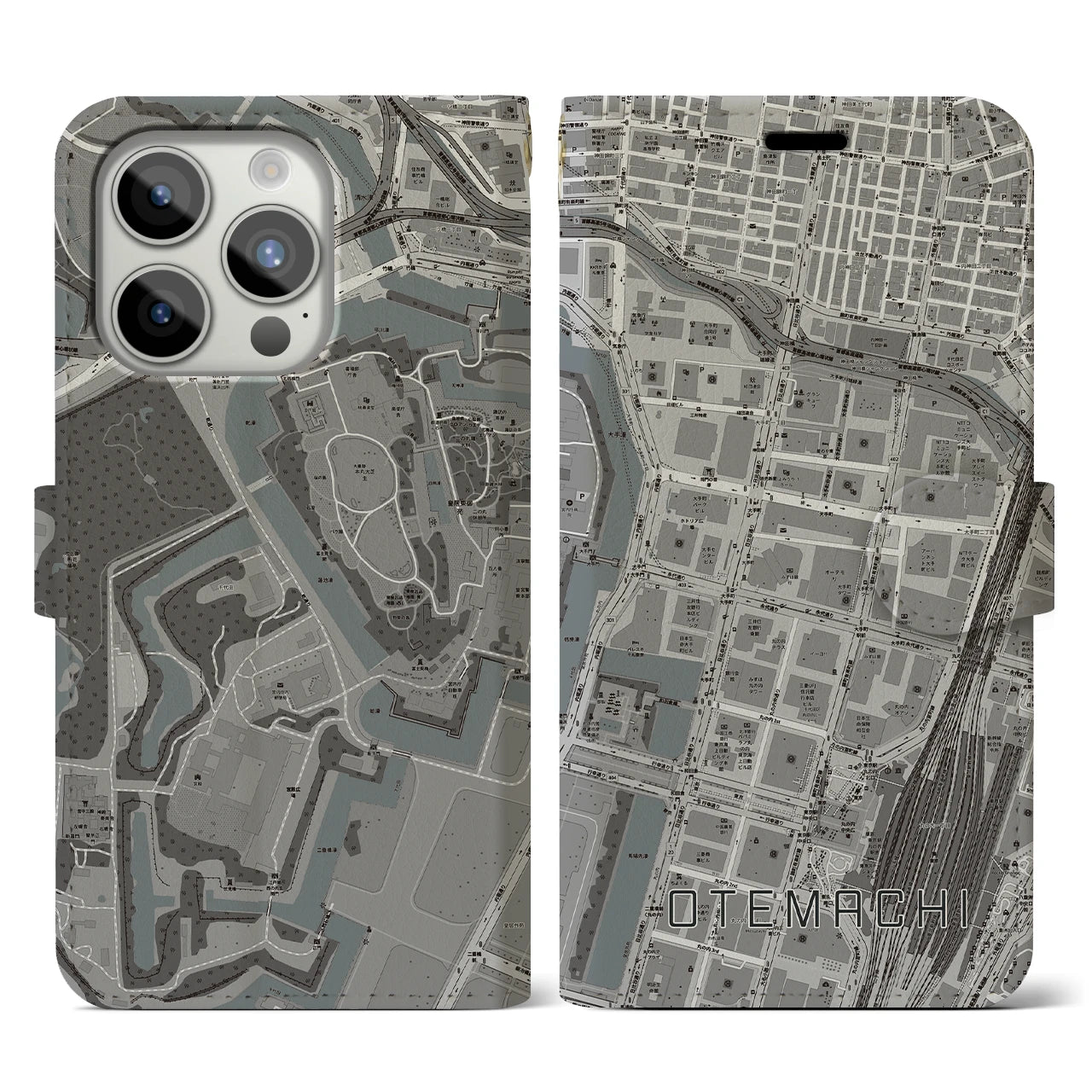 【大手町】地図柄iPhoneケース（手帳両面タイプ・モノトーン）iPhone 15 Pro 用