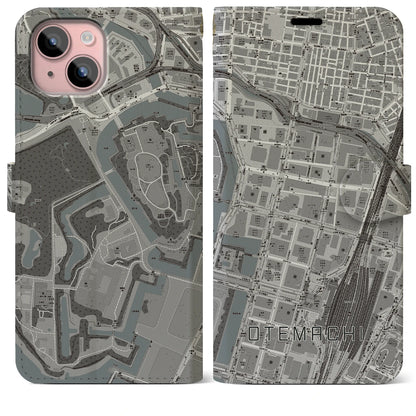 【大手町（東京都）】地図柄iPhoneケース（手帳タイプ）モノトーン・iPhone 15 Plus 用