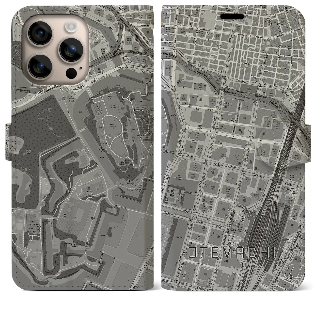 【大手町（東京都）】地図柄iPhoneケース（手帳タイプ）モノトーン・iPhone 16 Plus 用