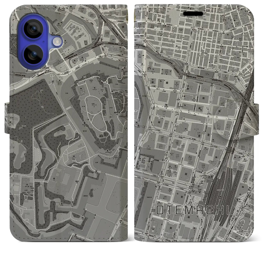 【大手町(東京都)】地図柄iPhoneケース(手帳タイプ)モノトーン・iPhone 16 Pro Max 用