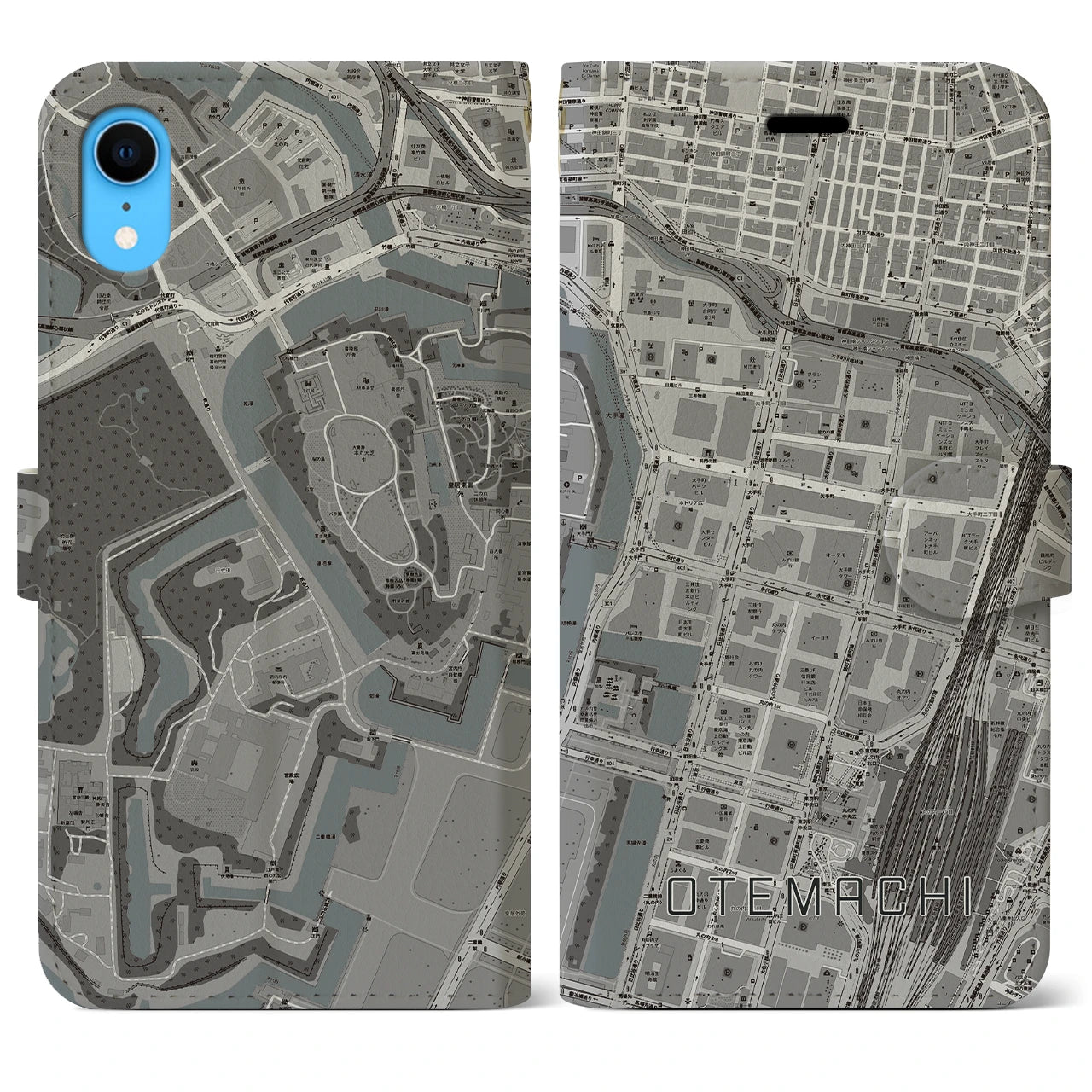 【大手町】地図柄iPhoneケース（手帳両面タイプ・モノトーン）iPhone XR 用