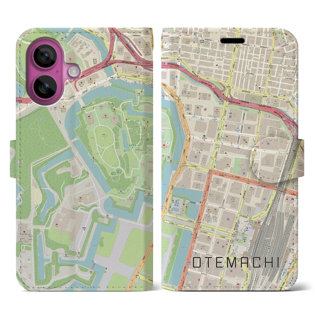 【大手町（東京都）】地図柄iPhoneケース（手帳タイプ）ナチュラル・iPhone 16 Pro 用