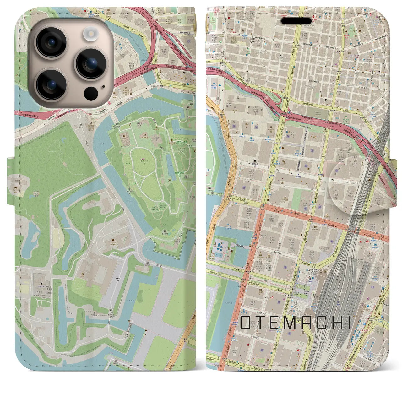 【大手町（東京都）】地図柄iPhoneケース（手帳タイプ）ナチュラル・iPhone 16 Plus 用