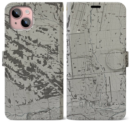 【音更（北海道）】地図柄iPhoneケース（手帳タイプ）モノトーン・iPhone 15 Plus 用