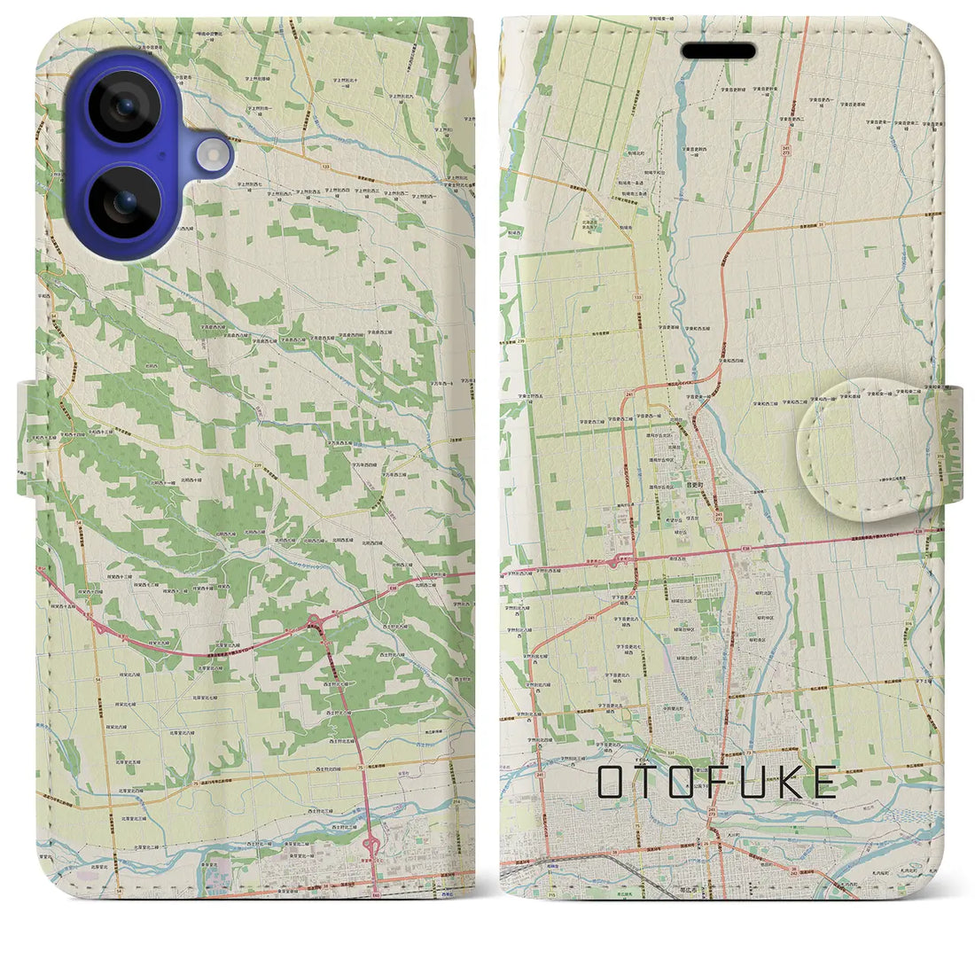 【音更(北海道)】地図柄iPhoneケース(手帳タイプ)ナチュラル・iPhone 16 Pro Max 用