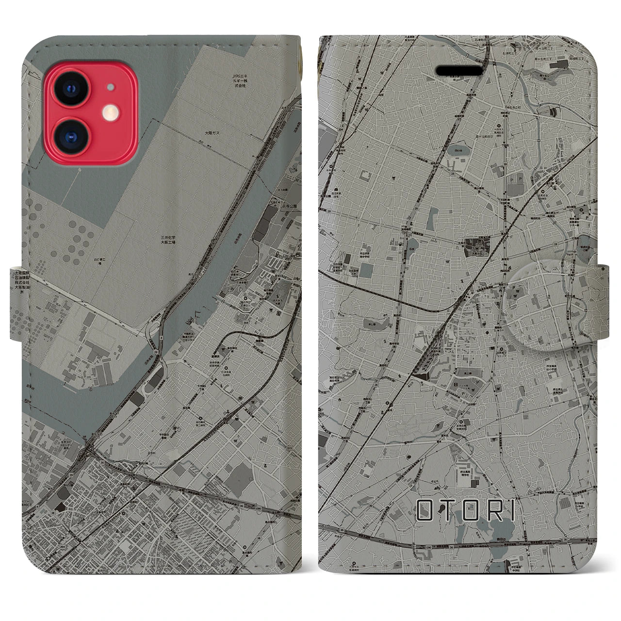 【鳳】地図柄iPhoneケース（手帳両面タイプ・モノトーン）iPhone 11 用