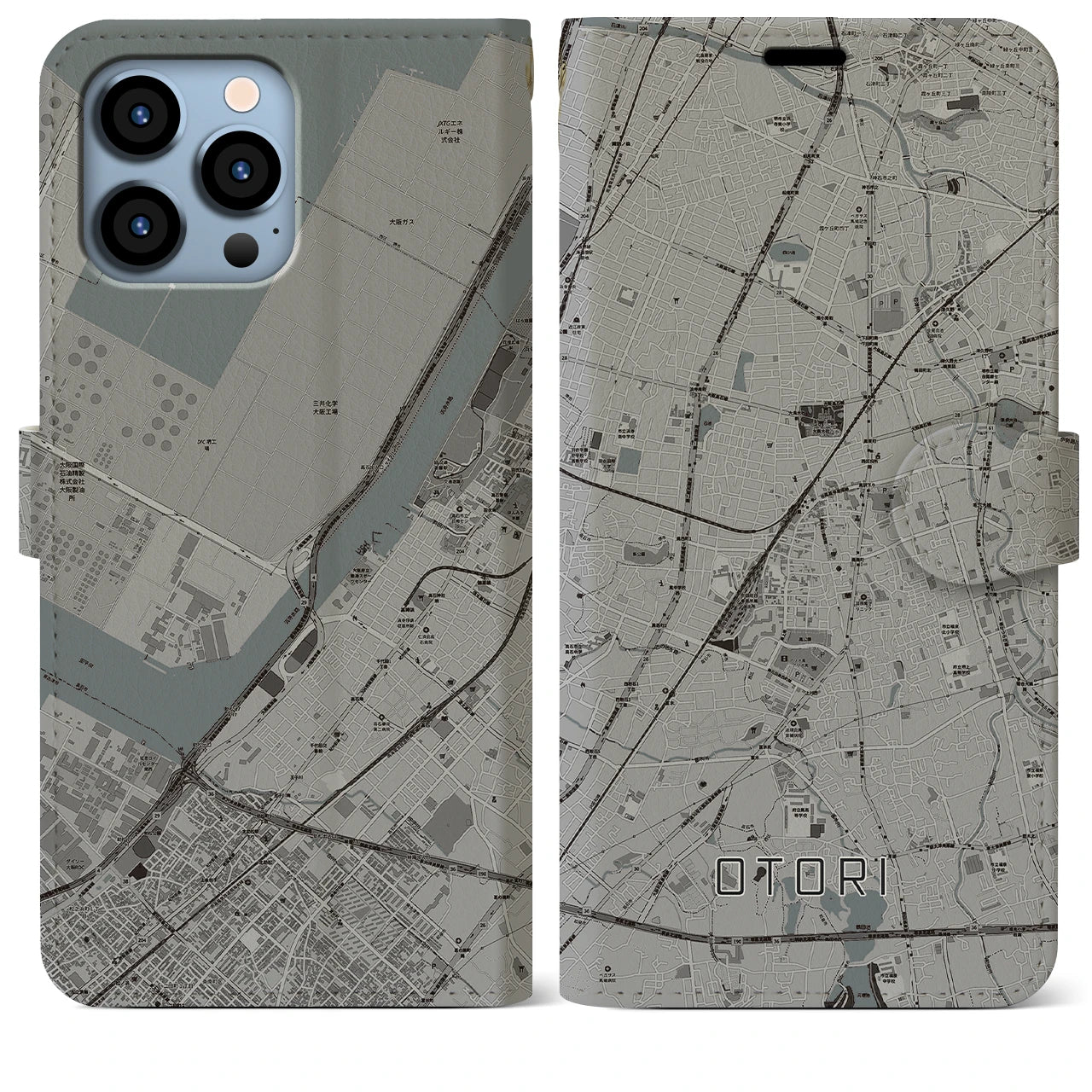 【鳳】地図柄iPhoneケース（手帳両面タイプ・モノトーン）iPhone 13 Pro Max 用