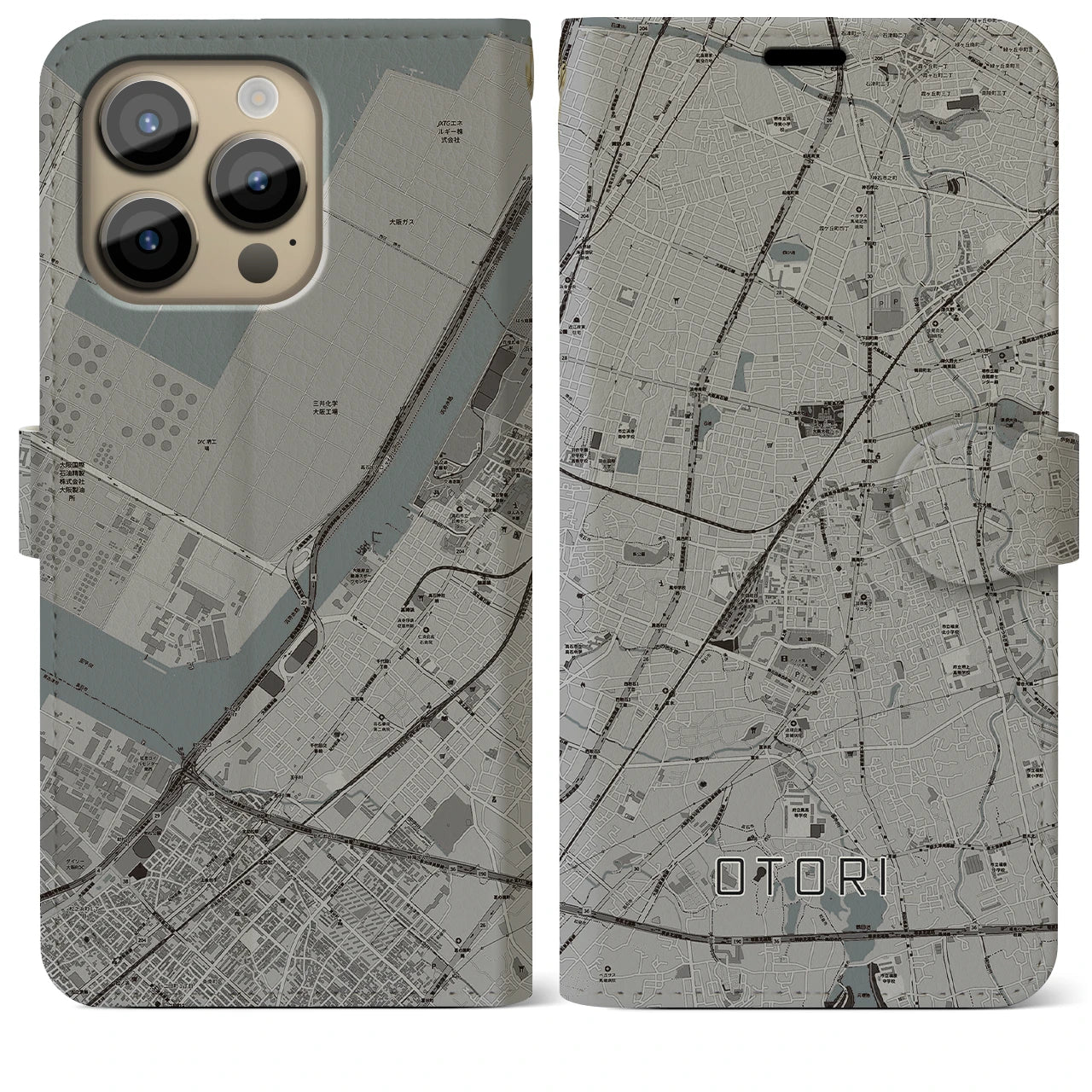 【鳳】地図柄iPhoneケース（手帳両面タイプ・モノトーン）iPhone 14 Pro Max 用