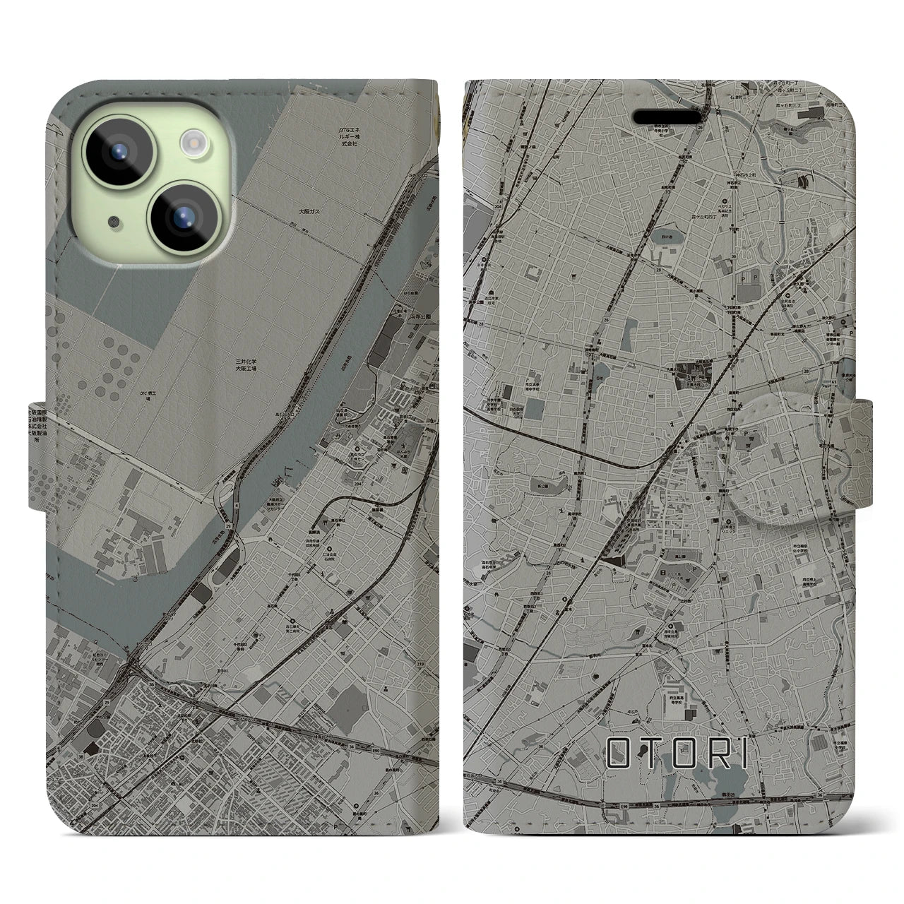 【鳳】地図柄iPhoneケース（手帳両面タイプ・モノトーン）iPhone 15 用