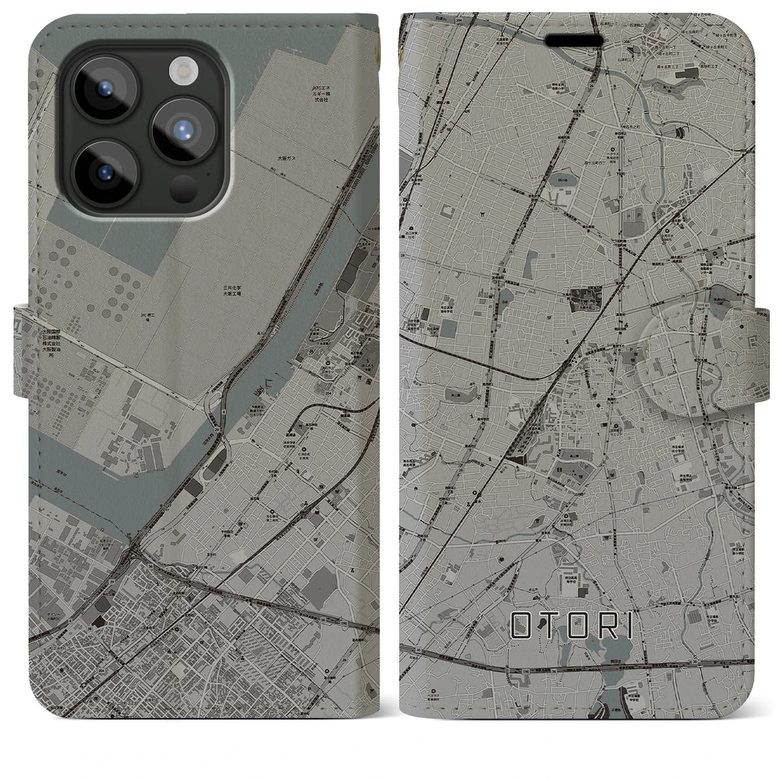 【鳳】地図柄iPhoneケース（手帳両面タイプ・モノトーン）iPhone 15 Pro Max 用