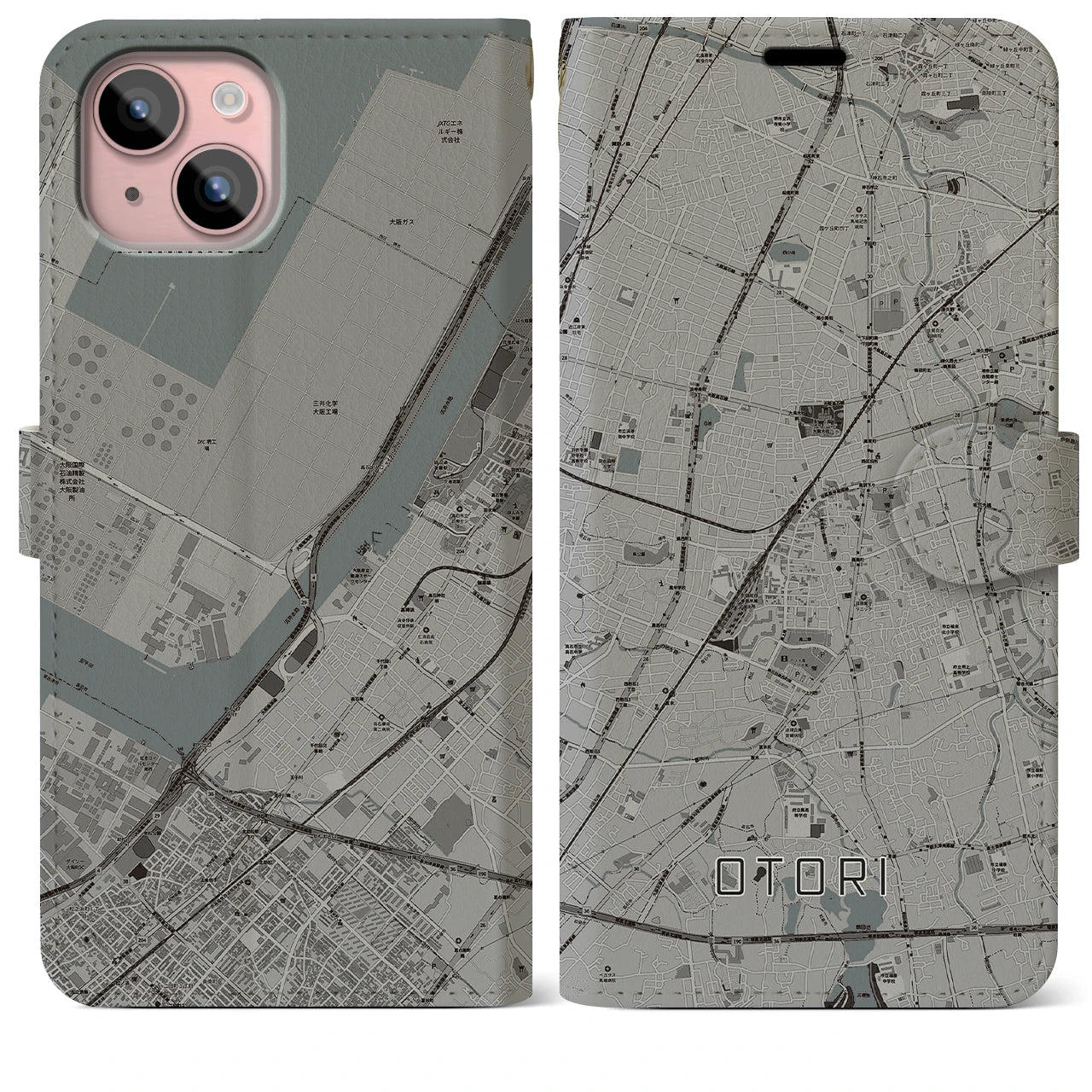 【鳳】地図柄iPhoneケース（手帳両面タイプ・モノトーン）iPhone 15 Plus 用