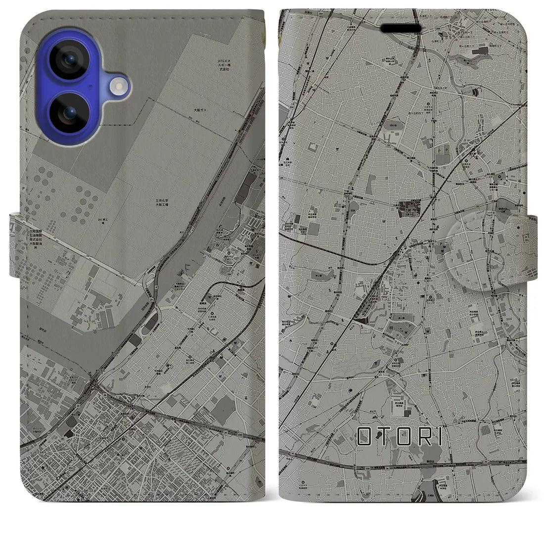 【鳳(大阪府)】地図柄iPhoneケース(手帳タイプ)モノトーン・iPhone 16 Pro Max 用