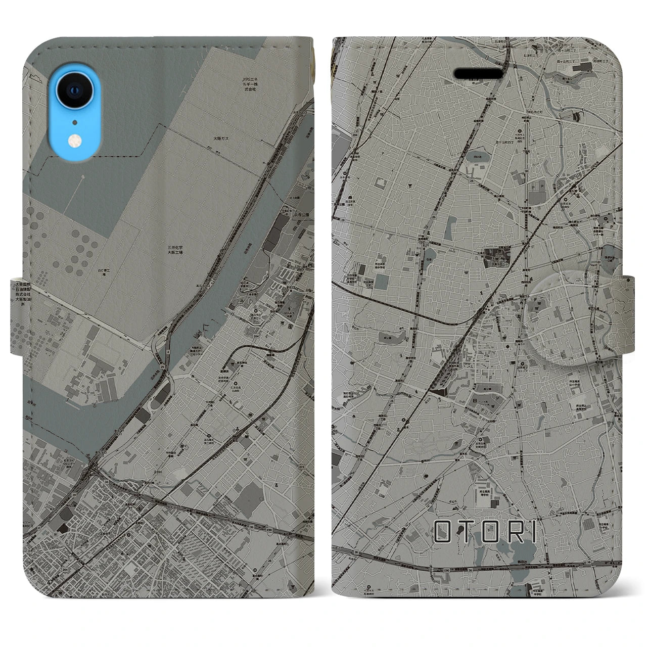 【鳳】地図柄iPhoneケース（手帳両面タイプ・モノトーン）iPhone XR 用