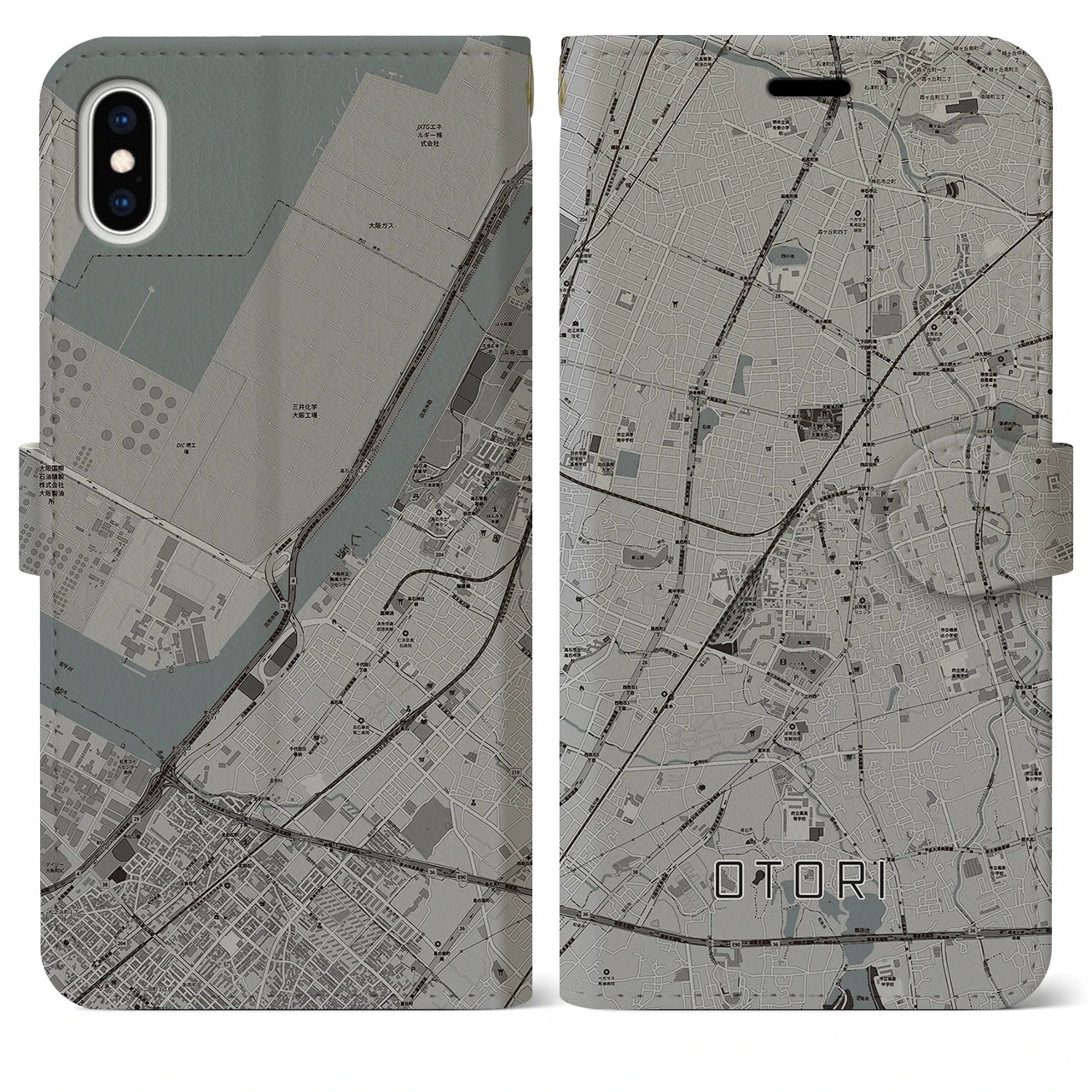 【鳳】地図柄iPhoneケース（手帳両面タイプ・モノトーン）iPhone XS Max 用