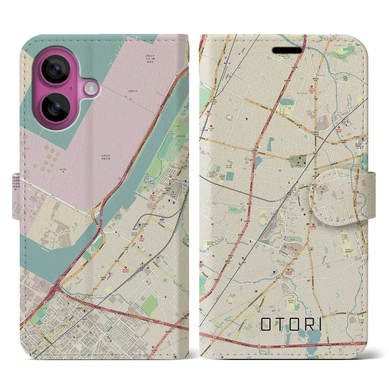 【鳳（大阪府）】地図柄iPhoneケース（手帳タイプ）ナチュラル・iPhone 16 Pro 用