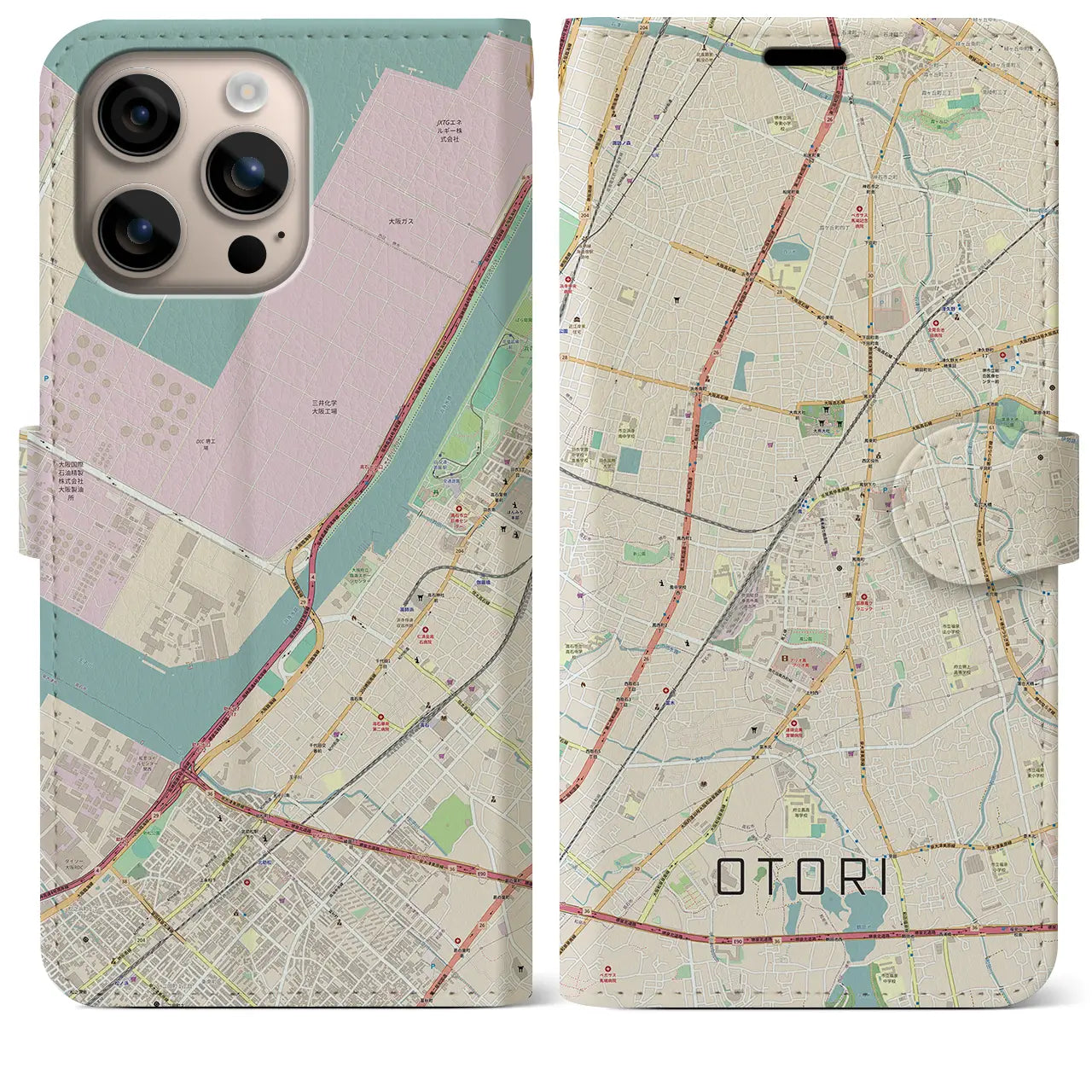 【鳳（大阪府）】地図柄iPhoneケース（手帳タイプ）ナチュラル・iPhone 16 Plus 用