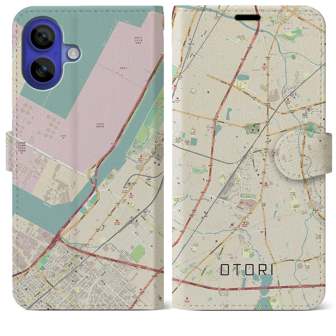 【鳳（大阪府）】地図柄iPhoneケース（手帳タイプ）ナチュラル・iPhone 16 Pro Max 用