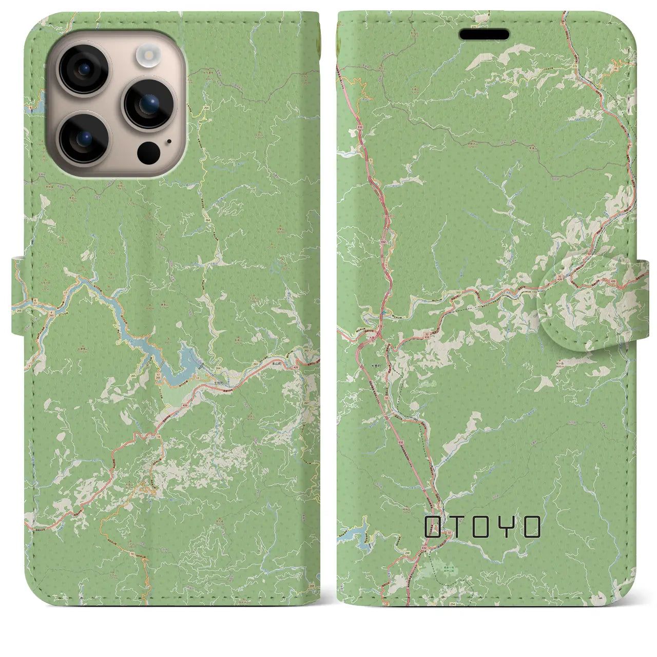 【大豊（高知県）】地図柄iPhoneケース（手帳タイプ）ナチュラル・iPhone 16 Plus 用