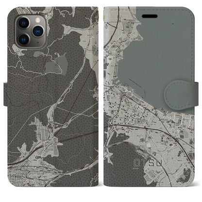 【大津（滋賀県）】地図柄iPhoneケース（手帳タイプ）モノトーン・iPhone 11 Pro Max 用