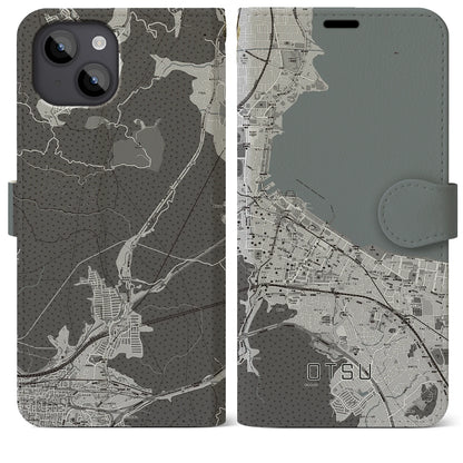 【大津（滋賀県）】地図柄iPhoneケース（手帳タイプ）モノトーン・iPhone 14 Plus 用