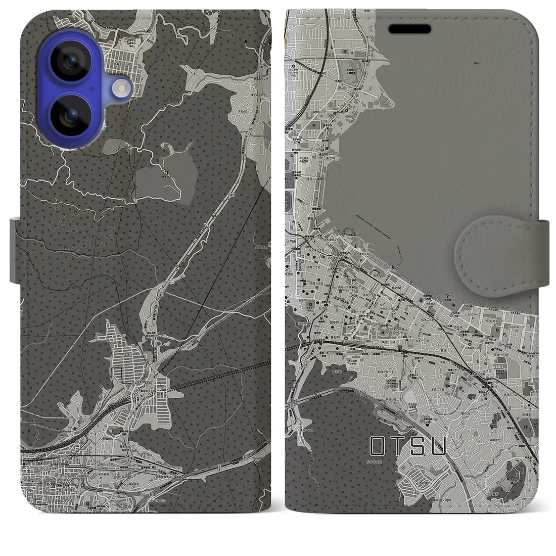 【大津(滋賀県)】地図柄iPhoneケース(手帳タイプ)モノトーン・iPhone 16 Pro Max 用