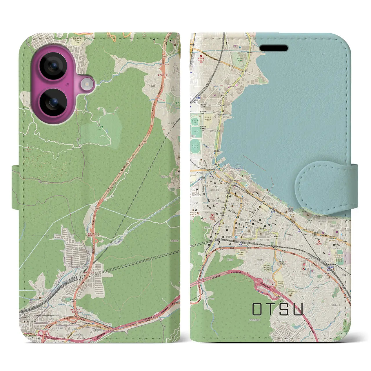 【大津（滋賀県）】地図柄iPhoneケース（手帳タイプ）ナチュラル・iPhone 16 Pro 用