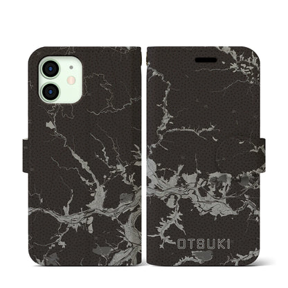 【大月（山梨県）】地図柄iPhoneケース（手帳タイプ）モノトーン・iPhone 12 mini 用