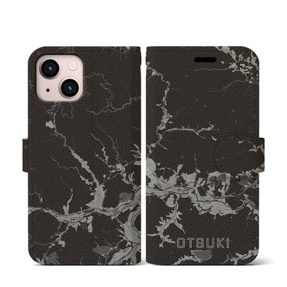 【大月（山梨県）】地図柄iPhoneケース（手帳タイプ）モノトーン・iPhone 13 mini 用