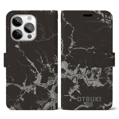 【大月（山梨県）】地図柄iPhoneケース（手帳タイプ）モノトーン・iPhone 14 Pro 用