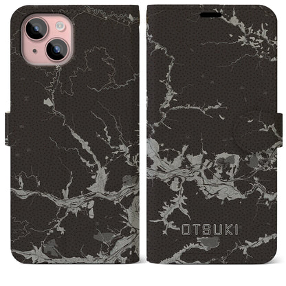 【大月（山梨県）】地図柄iPhoneケース（手帳タイプ）モノトーン・iPhone 15 Plus 用