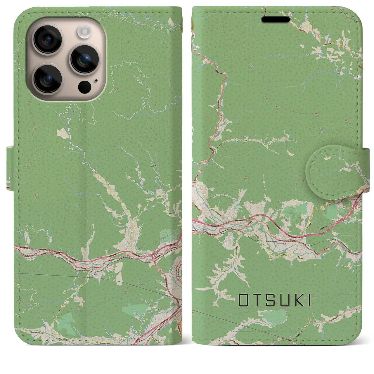 【大月（山梨県）】地図柄iPhoneケース（手帳タイプ）ナチュラル・iPhone 16 Plus 用