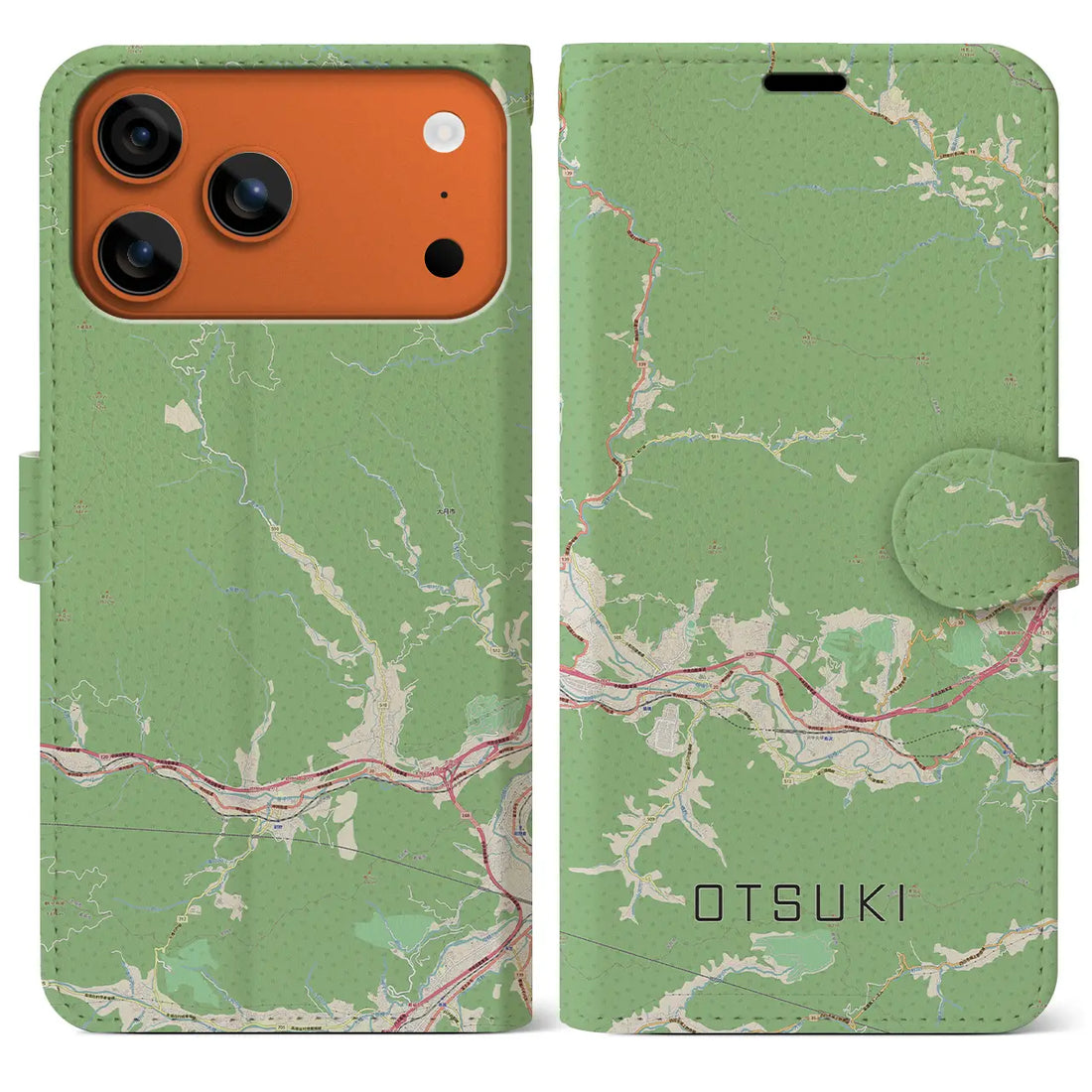 【大月（山梨県）】地図柄iPhoneケース（手帳タイプ）ナチュラル・iPhone 17 Pro Max 用
