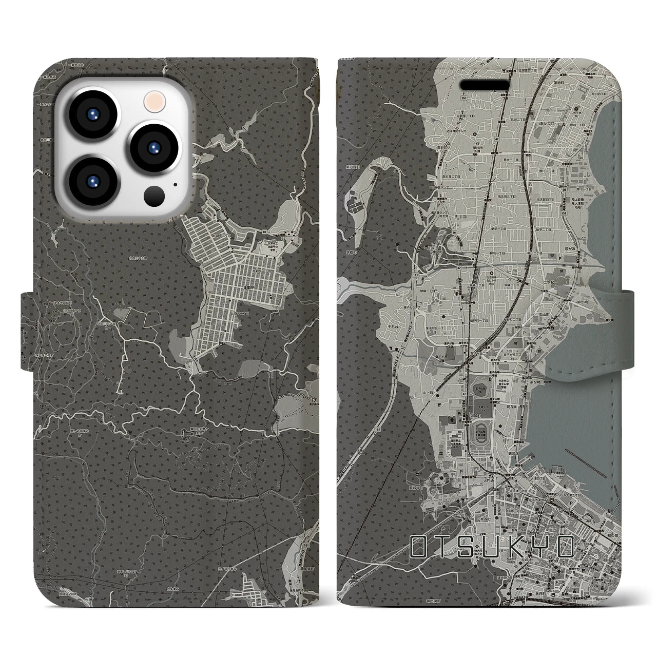 【大津京】地図柄iPhoneケース（手帳両面タイプ・モノトーン）iPhone 13 Pro 用
