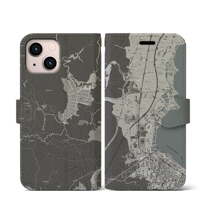 【大津京（滋賀県）】地図柄iPhoneケース（手帳タイプ）モノトーン・iPhone 13 mini 用