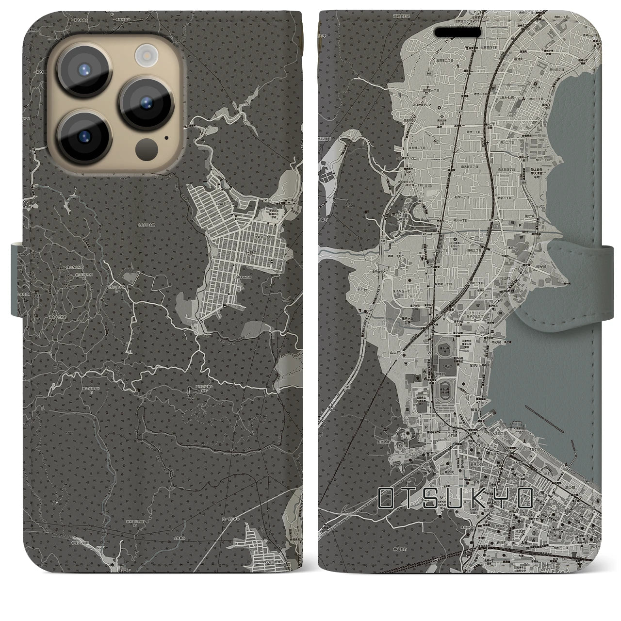 【大津京】地図柄iPhoneケース（手帳両面タイプ・モノトーン）iPhone 14 Pro Max 用