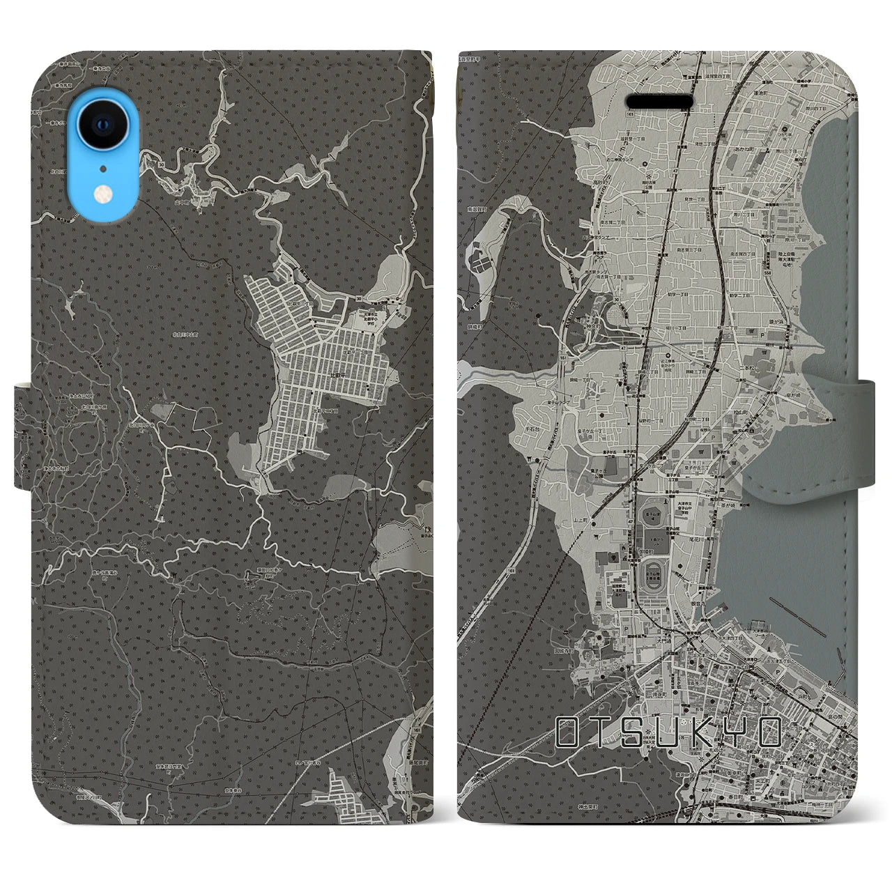 【大津京】地図柄iPhoneケース（手帳両面タイプ・モノトーン）iPhone XR 用