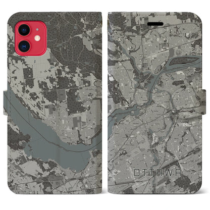 【オタワ（カナダ）】地図柄iPhoneケース（手帳タイプ）モノトーン・iPhone 11 用