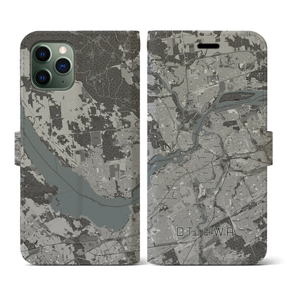 【オタワ（カナダ）】地図柄iPhoneケース（手帳タイプ）モノトーン・iPhone 11 Pro 用