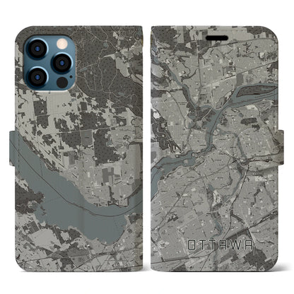 【オタワ（カナダ）】地図柄iPhoneケース（手帳タイプ）モノトーン・iPhone 12 / 12 Pro 用