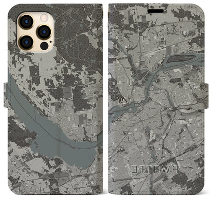 【オタワ（カナダ）】地図柄iPhoneケース（手帳タイプ）モノトーン・iPhone 12 Pro Max 用