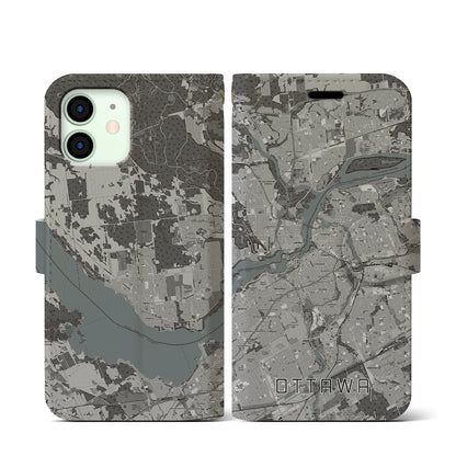 【オタワ（カナダ）】地図柄iPhoneケース（手帳タイプ）モノトーン・iPhone 12 mini 用